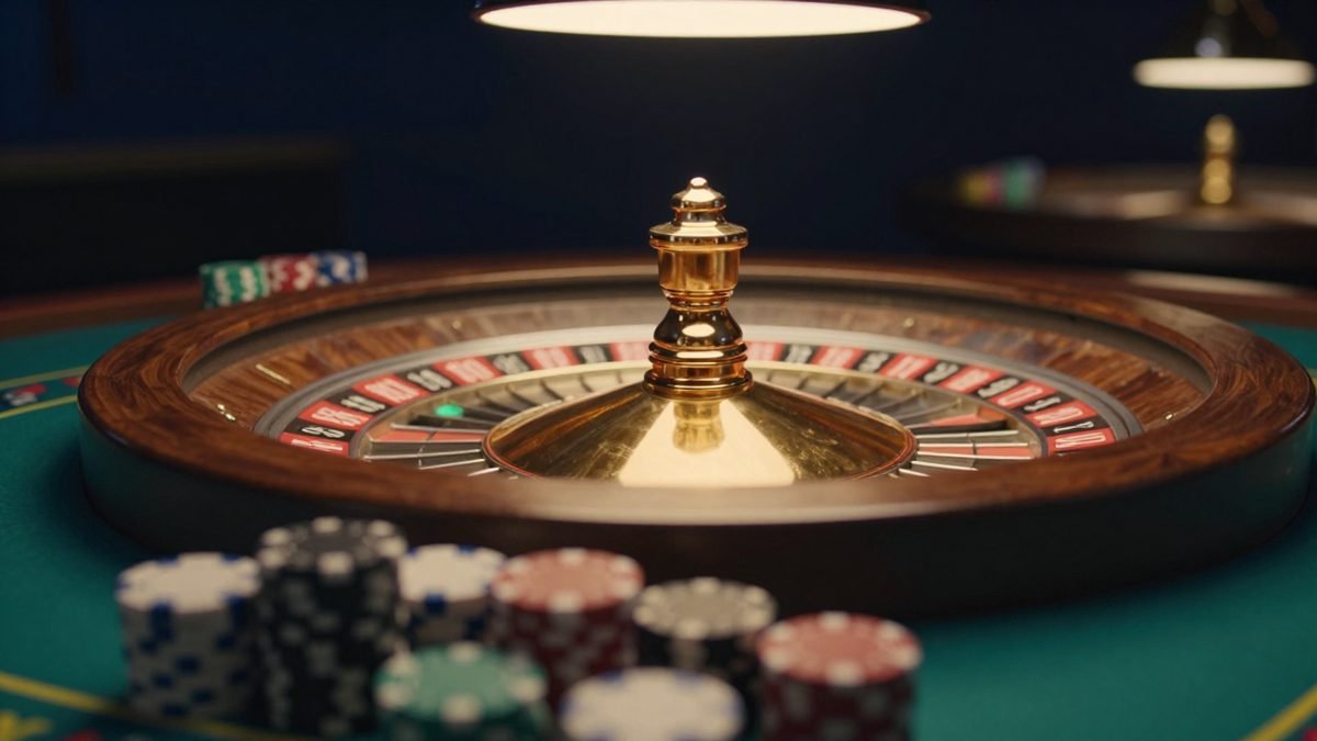 따뜻한 조명 아래 놓인 룰렛 휠과 초록색 베팅 테이블을 넓게 담은 장면입니다.